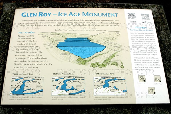 Sign describing the Ice Age Monument, Glen Roy, Highland, Scotland.