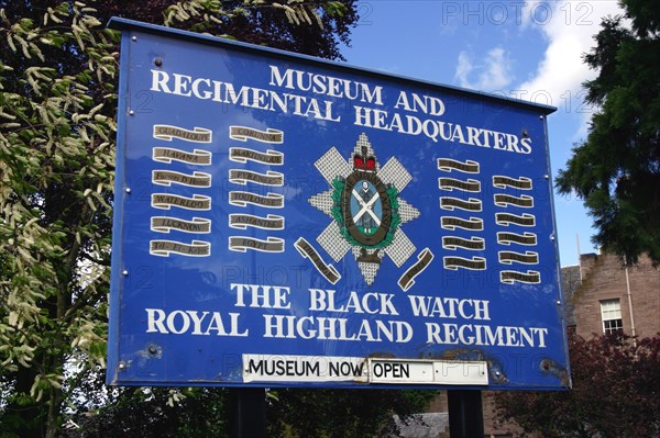 Sign, museum and headquarters of the Royal Highland Regiment, Perth, Scotland.