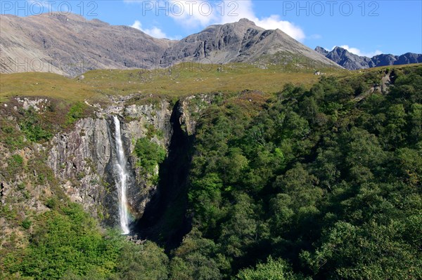 Waterfall above Glen Brittle, Cuillin Hills, Isle of Skye, Highland, Scotland.