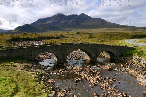 Sligachan Bridge and Sgurr nan Gillean, Skye, Highland, Scotland.