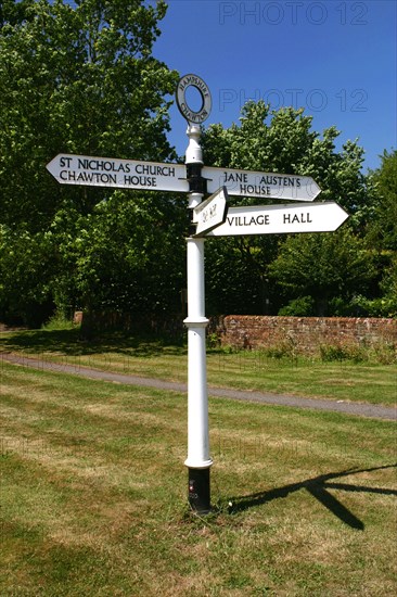 Signpost pointing to Jane Austen's House, Chawton, Hampshire.