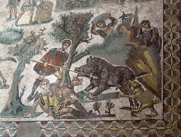 Mosaic in the Roman Villa of Casale, near Piazza Armerina, Sicily, Italy.