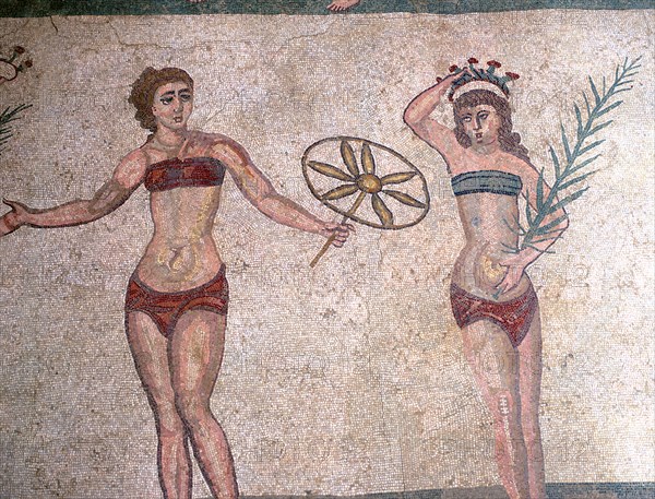 Mosaic in the Roman Villa of Casale, near Piazza Armerina, Sicily, Italy.