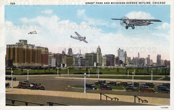 Grant Park and Michigan Avenue skyline, Chicago, Illinois, USA, 1928. Artist: Unknown