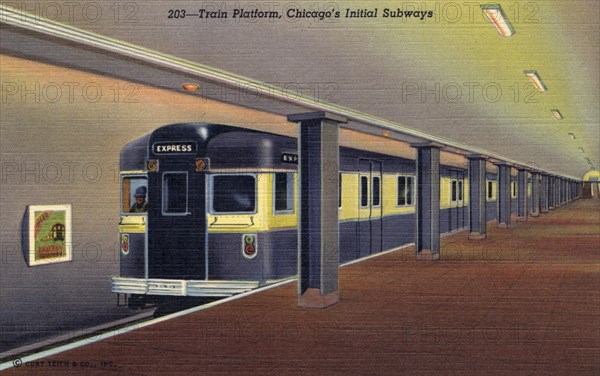 'Train Platform, Chicago's Initial Subways', postcard, 1941. Artist: Unknown