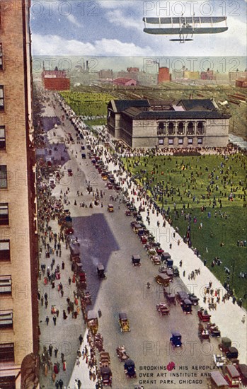 'Brookins in His Aeroplane over Art Institute and Grant Park, Chicago', postcard, 1910. Artist: Unknown