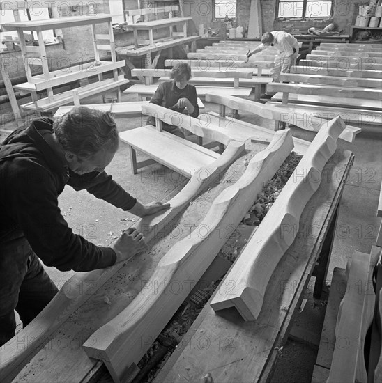 Carpenters working on church pews at a small carpentry workshop, South Yorkshire, 1969. Artist: Michael Walters