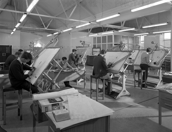 Drawing office at a Sheffield steel foundry, Edgar Allens, 1964.  Artist: Michael Walters