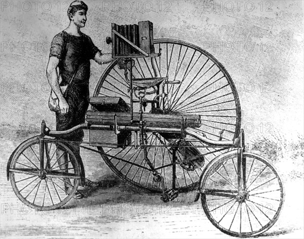 Camera mounted on a tricycle, 1888. Artist: Unknown