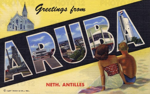 'Greetings from Aruba, Netherlands Antilles, postcard, 1950. Artist: Unknown