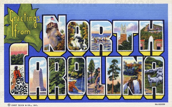 'Greetings from North Carolina', postcard, 1938. Artist: Unknown