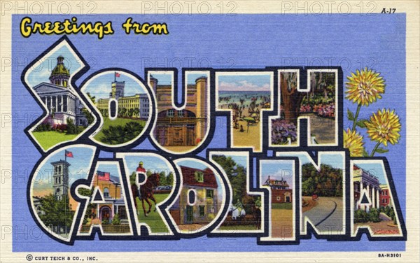 'Greetings from South Carolina', postcard, 1938. Artist: Unknown