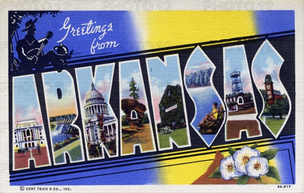 'Greetings from Arkansas', postcard, 1939. Artist: Unknown