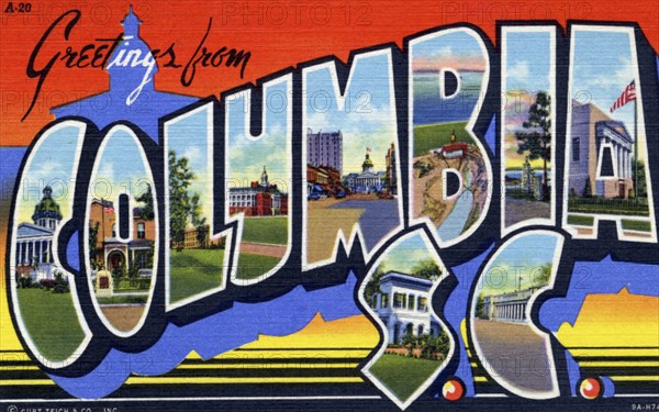 'Greetings from Columbia, South Carolina', postcard, 1939. Artist: Unknown