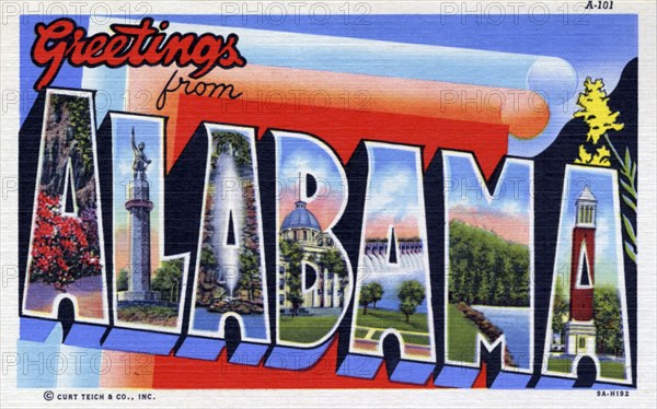 'Greetings from Alabama', postcard, 1939. Artist: Unknown