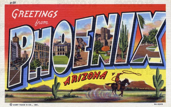 'Greetings from Phoenix, Arizona', postcard, 1939. Artist: Unknown