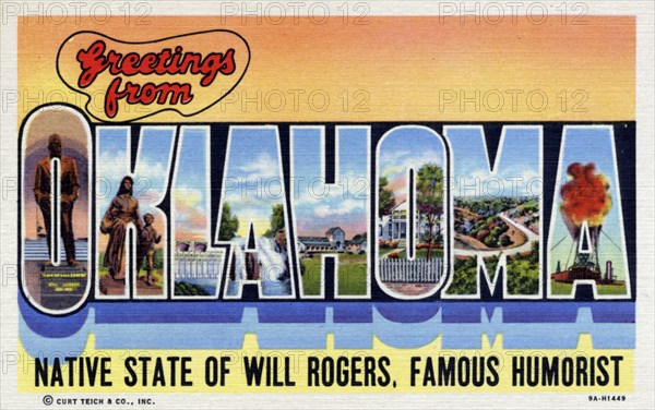 'Greetings from Oklahoma, Native State of Will Rogers, Famous Humorist', postcard, 1939. Artist: Unknown