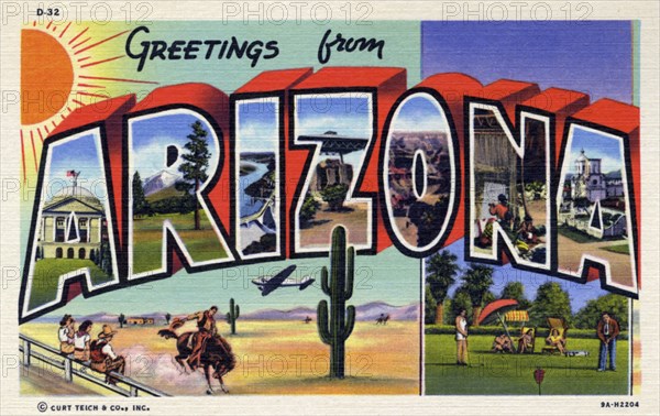 'Greetings from Arizona', postcard, 1939. Artist: Unknown