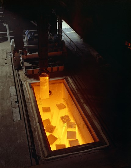 Soaking pits with red hot steel ingots, Sheffield, South Yorkshire, 1965. Artist: Michael Walters