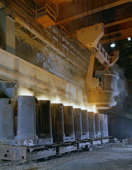 Teeming (pouring) steel ingots, Park Gate Iron and Steel Co, Rotherham, South Yorkshire, 1965. Artist: Michael Walters