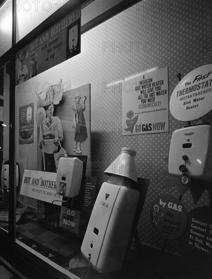 Gas water heaters display, East Midlands Gas Board showroom, Rotherham, South Yorkshire, 1961. Artist: Michael Walters