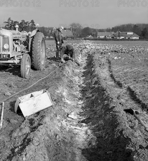 Contractors setting explosives in a trench in Firbeck, near Rotherham, 1962.  Artist: Michael Walters