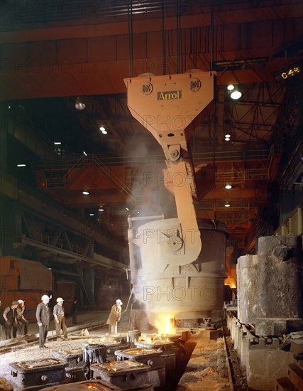 Teeming (pouring) steel ingots, Park Gate Iron and Steel Co, Rotherham, South Yorkshire, 1964. Artist: Michael Walters