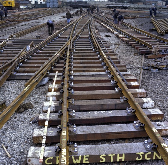 Engineers fabricating a rail junction for the Crewe South Junction before delivery, 1977. Artist: Michael Walters