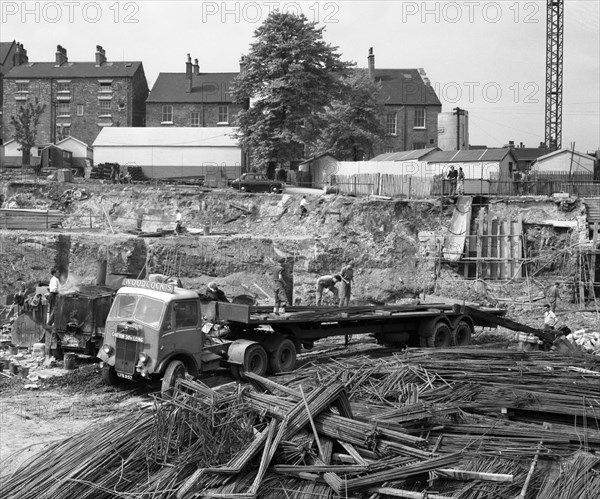 An AEC Mammoth Major on the building site for Sheffield University, 1960. Artist: Michael Walters