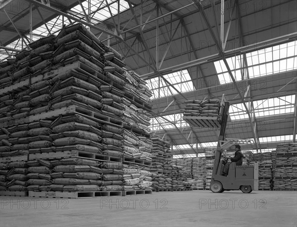 Warehouse scene with forklift truck, Spillers Foods, Gainsborough, Lincolnshire, 1961. Artist: Michael Walters