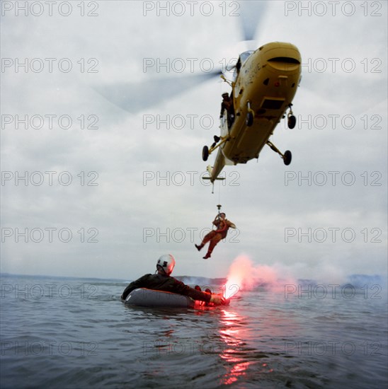 Westland Whirlwind helicopter making a rescue, 1973. Artist: Michael Walters