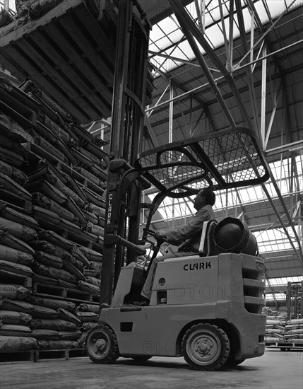 A Clark forklift truck, Spillers Animal Foods, Gainsborough, Lincolnshire, 1962. Artist: Michael Walters