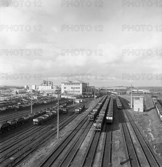Overview of the rail yard at Lynemouth Colliery, Northumberland, 1963.  Artist: Michael Walters