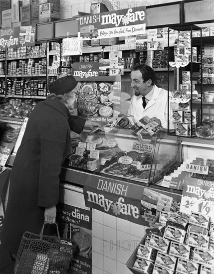 Danish Bacon May Fare shop display, Wath upon Dearne, South Yorkshire, 1964. Artist: Michael Walters