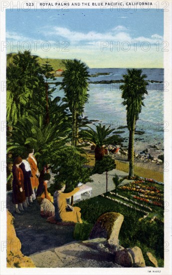 'Royal Palms and the Blue Pacific, California', postcard, 1931. Artist: Unknown