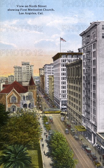 View of 6th Street showing the First Methodist Church, Los Angeles, California, USA, 1915. Artist: Unknown