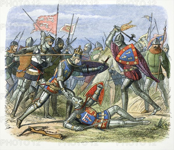 Henry V of England attacked by the Duke of Alencon at the Battle of Agincourt, 1415 (1864). Artist: James William Edmund Doyle