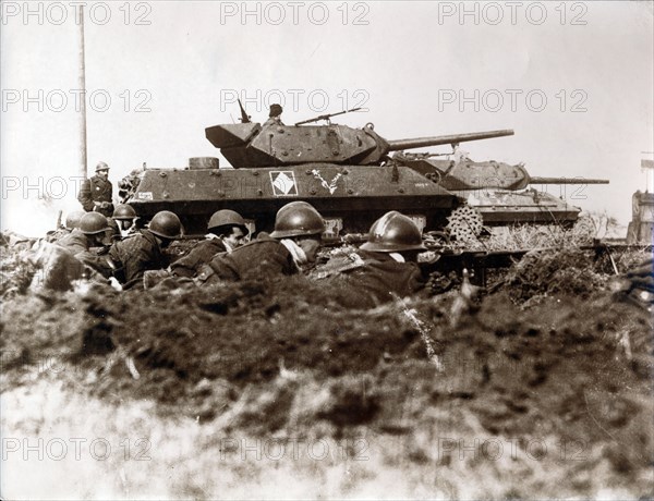 French tanks and soldiers at the front, Alsace, France, World War II, 1944. Artist: Unknown