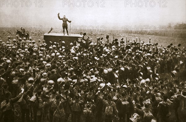 Colonel and men of the 9th East Surrey Regiment cheering the King, France, 12 November, 1918. Artist: Unknown