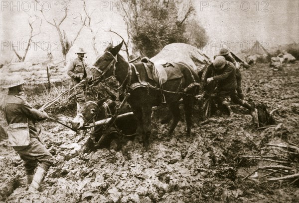 A British ammunition column finds it hard going, World War I, c1914-c1918. Artist: Unknown