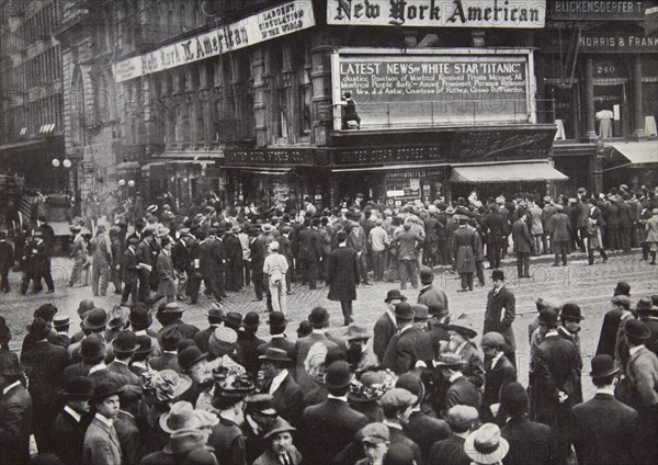 Reports of the sinking of the 'Titanic' arrive in New York, USA, April 1912.. Artist: Unknown