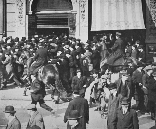 Mounted police disperse a crowd, Union Square, New York City, USA, late 19th or early 20th century. Artist: Unknown