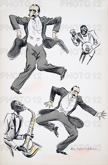 Gentleman in white tie and tails dancing while two musicians play saxophone and banjo, from 'White B