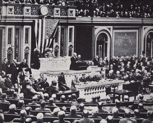President Wilson in Congress recommending the US enter the war against Germany, 1917. Artist: Unknown