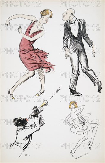 Two transvestites and man in black tie dancing to a saxophone, from 'White Bottoms' pub. 1927.