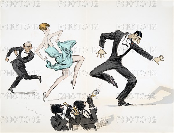 Two men in black tie and woman in bright blue dress dance to jazz, from 'White Bottoms' pub. 1927.
