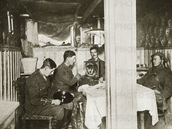 British soldiers in a captured German dugout, Somme campaign, France, World War I, 1916. Artist: Unknown