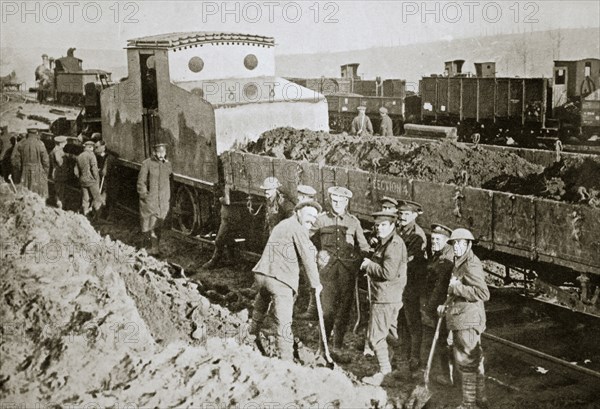 British armoured railway engine, France, World War I, 1916. Artist: Unknown