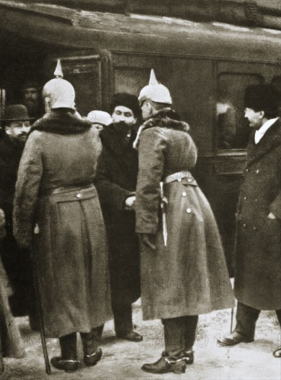 Trotsky and Russian delegates welcomed by German officers, Brest-Litovsk, Russia, 1917. Artist: Unknown