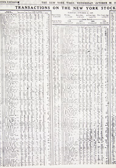 Stock-market listings as recorded in the New York Times, Wednesday, 30 October, 1929. Artist: Unknown